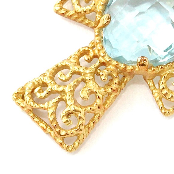 Vintage 18K Gold Sky Blue Topaz Cross Pendant Filigree Scroll Openwork Italian - Picture 5 of 7